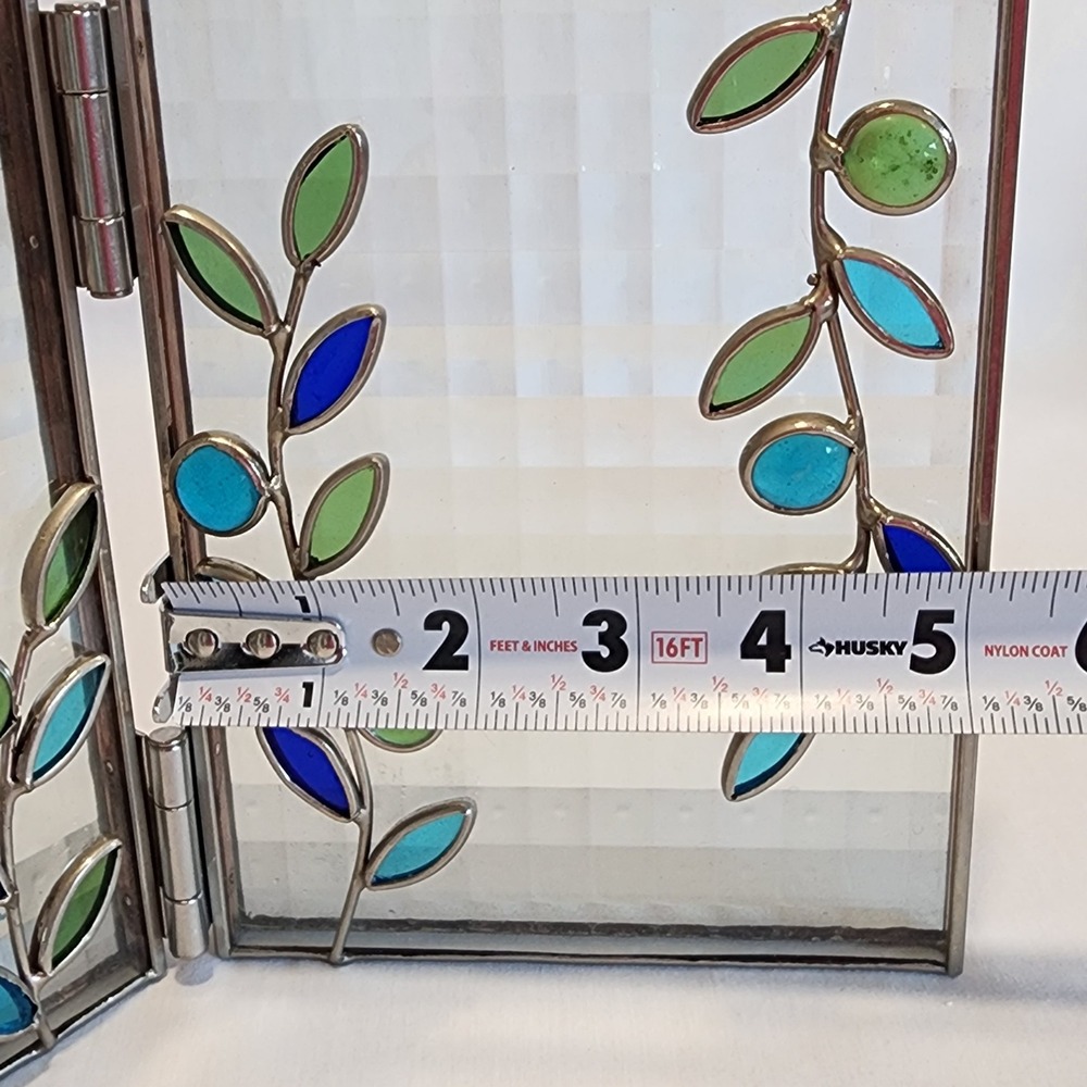 Stained Glass Double Picture Frame Blue Green Botanical Vine Leaf Hinged 5x7 - Picture 6 of 6